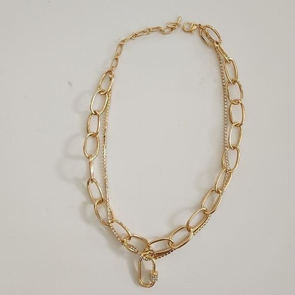 NEW Golden Double Layered Chain Rhinestone Oval Pendant Necklace - Picture 4 of 7